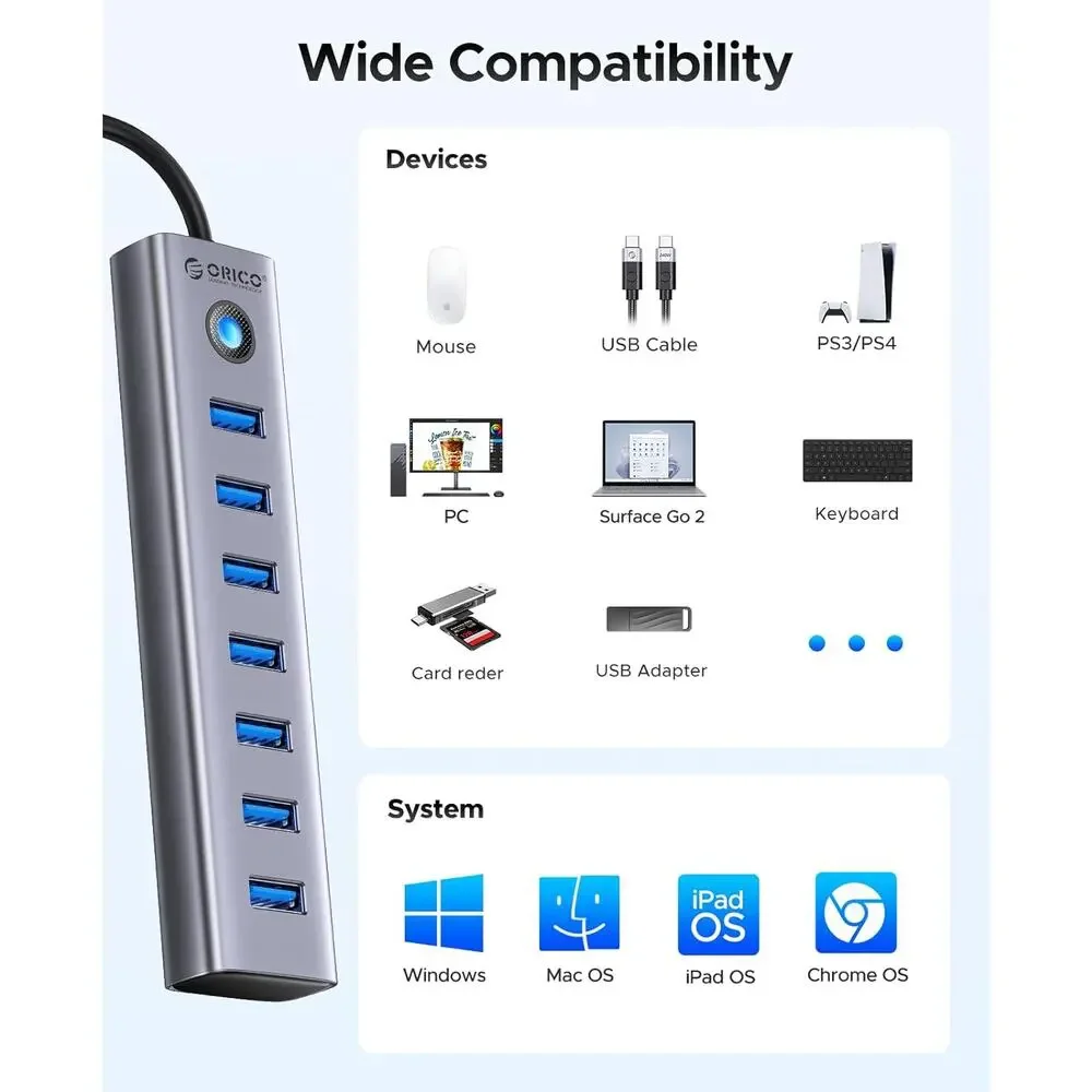 ORICO 7-Port USB 3.0 Hub, Aluminum USB Multiple Adapter